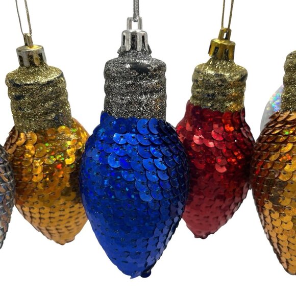 Lot of 8 Sequin Christmas Light Bulb Shape Ornament Colorful Shiny Festive Decor - Picture 5 of 10